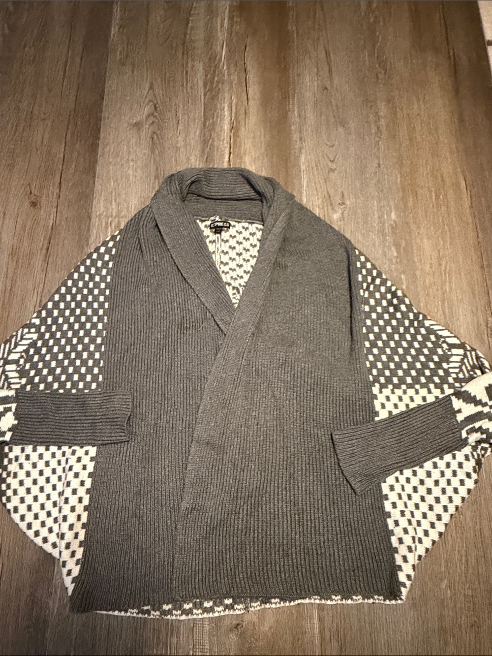 Express gray open-front shawl collar cardigan featuring patterned contrast side